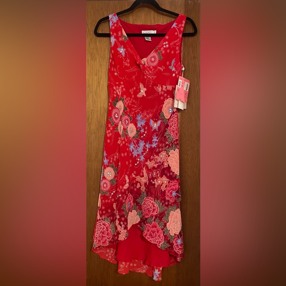 NWT Vintage Y2K CDC Bright Red Floral Butterfly Sequin Cocktail Dress